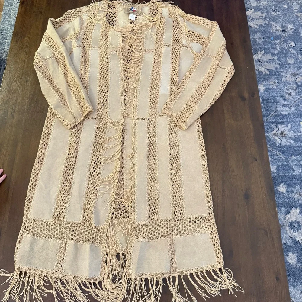 Don’t Mess with Texas Fringe Beige Crochet‎ Cardigan Coat